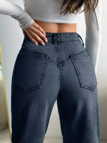 EURMUSE Jeans droits à taille haute lavés pour femmes - Jean brut - Voir 5
