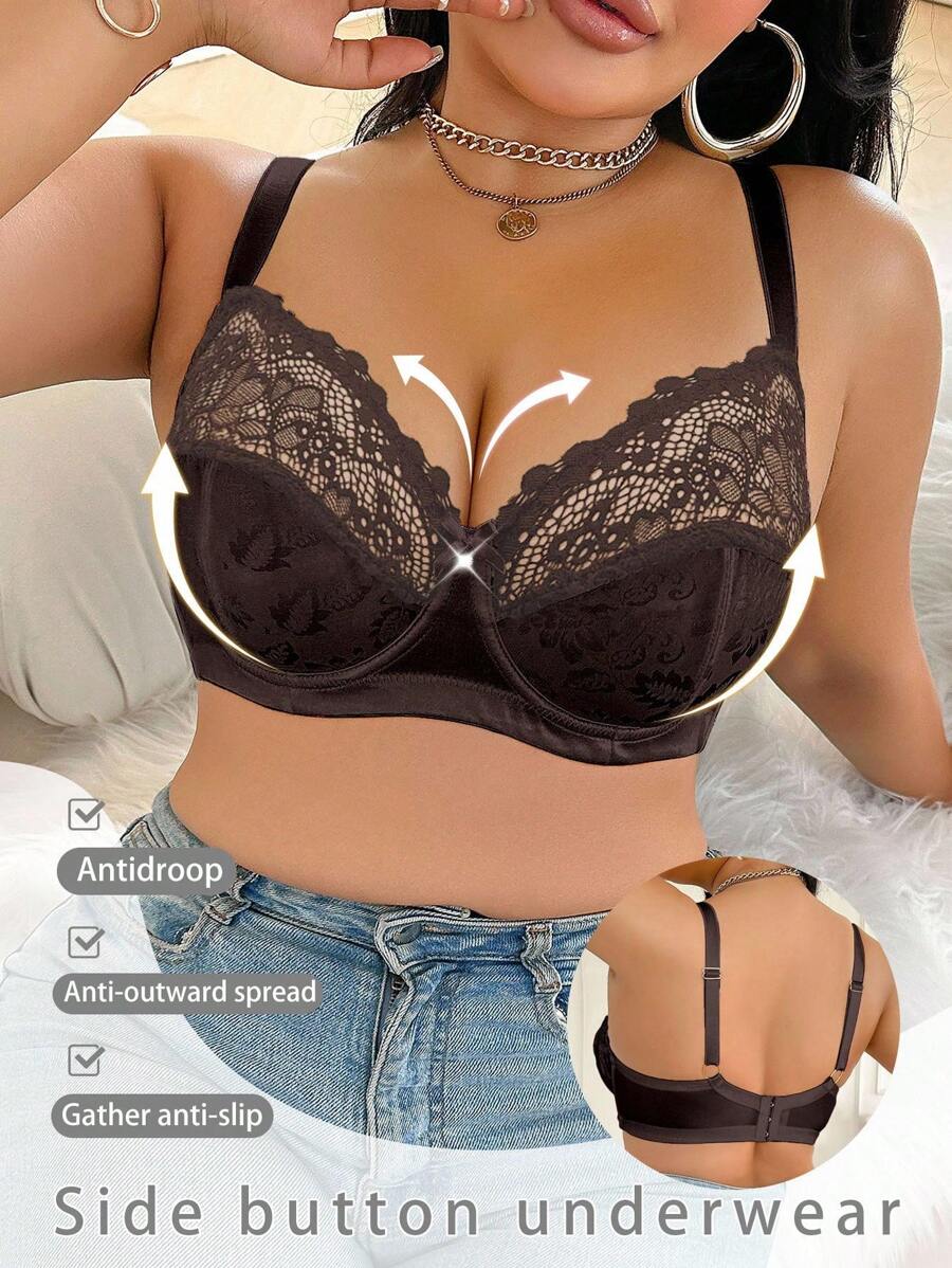 1 件大码蕾丝拼布钢圈文胸 - 棕色 - 查看 1