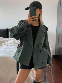 DAZY 女式系带休闲短款风衣女式夹克，秋季女装 - 深灰色 - 查看 3