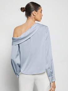 BizChic 春夏新款不对称设计褶皱肩部宽松长袖缎面衬衫，现代优雅都市通勤日常浪漫90年代复古风圣诞节新年情人节派对海滩毕业时尚嘉年华假日百搭简约浪漫风，适合婚礼宾客、主人、约会、派对、音乐会、早午餐、机场等多种场合。 - 淺藍色 - 查看 6