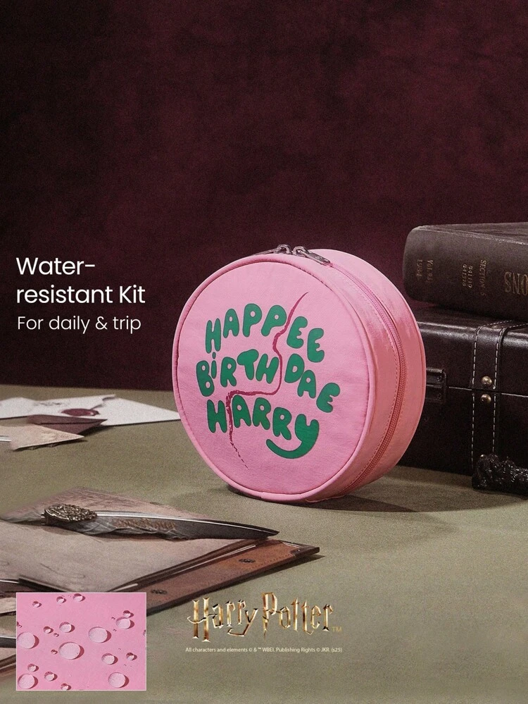Bolsa de cosméticos redonda con logo, bolsillo interior repelente al agua, para gimnasio, viajes y uso diario casual, estilo Harry Potter