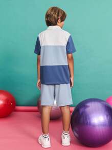 SHEIN 青少年男孩休闲拼布撞色 Polo 衫和短裤套装 - 藍色 - 查看 2