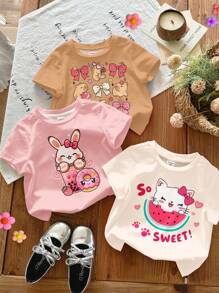 SHEIN 3 件套女婴奶油白色、奶油粉色、奶油南瓜色可爱甜美动物猫、兔子、水豚蝴蝶结图案短袖 T 恤，适合女婴，夏季、舒适、秋季分层时尚、休闲装、图案服装、返校、秋季服装、返校节 - 彩色 - 查看 1