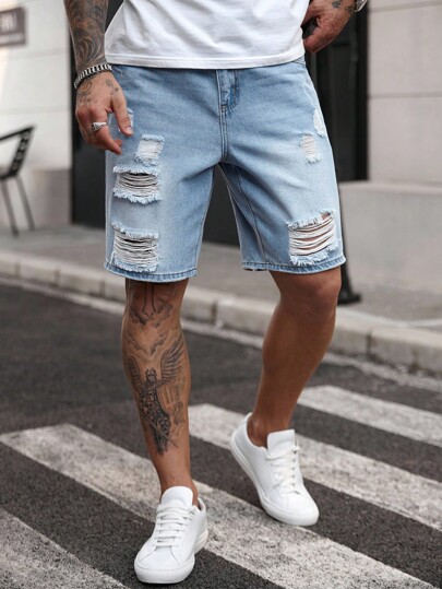 Manfinity Homme Pantalones cortos de mezclilla desgastados casuales para hombre, verano