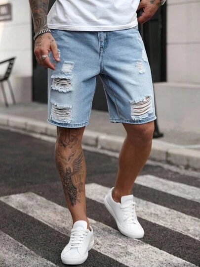 Manfinity Homme 男士休闲破洞牛仔短裤（夏季）