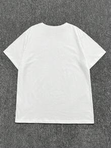 复古拼接狗狗图案印花T恤，女士休闲圆领短袖简约上衣，适合日常穿着