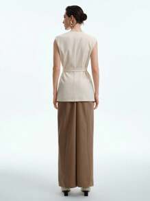 Aalyst Áo khoác Blazer trơn màu không tay, thường ngày, mùa hè - Màu be - Xem 3