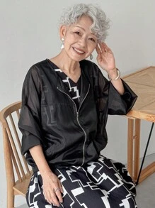 FRIFUL 黑色休闲梭织面料拉链圆领衬衫，黑色薄纱上衣，女士黑色薄纱衬衫，女士宽松衬衫，黑色薄纱长袖外套 - 黑色 - 查看 7