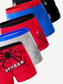 5pcs/Pack Teen Boy Minimalist Fashion Retro Cotton Colorful Spider Print Soft Comfortable Boxer Briefs Boys Boxers Briefs Packs, Back To School Fashion Boys Boxer Briefs Packs Back To School Fashion