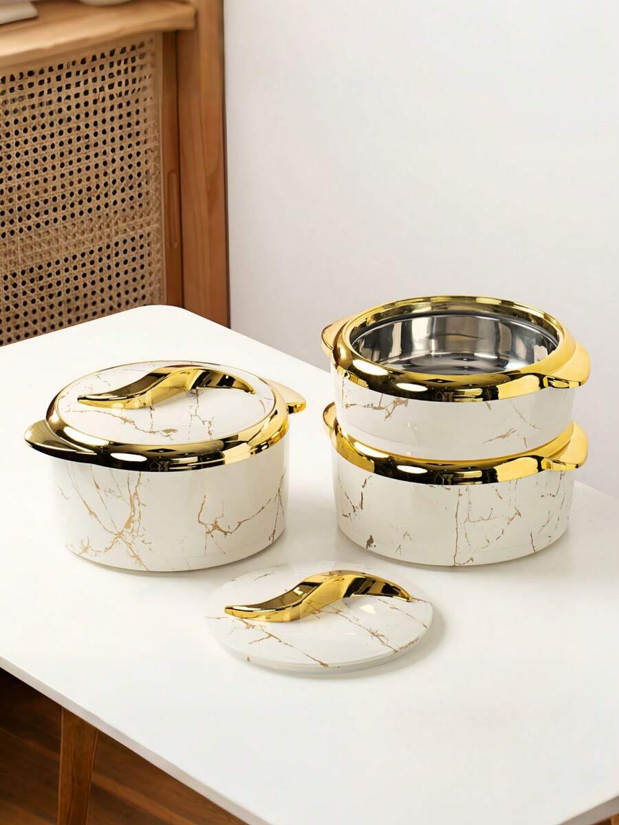 SHEIN 3 件套优雅隔热食物保温套装带盖 - 不锈钢容器,适用于冷热菜肴,非常适合自助餐和火锅 - 白色 - 查看 1