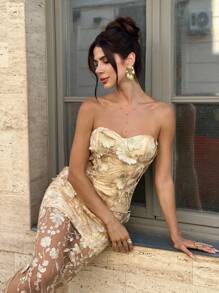 Firerie 女士优雅浪漫精致端庄舞会派对约会度假日常刺绣 3D 花卉网眼透明紧身高腰香槟色超长筒金色连衣裙 - 香檳色 - 查看 2