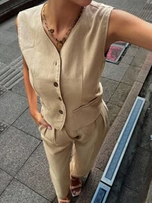 DAZY Completo da donna 2 pezzi, gilet e pantaloni in stile minimalista - Cachi - Visualizzare 1