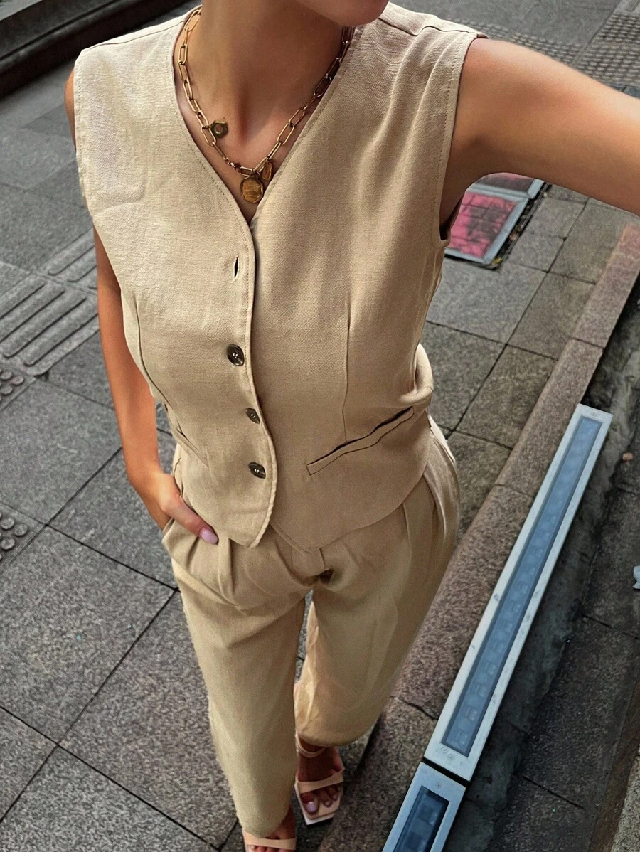 DAZY Completo da donna 2 pezzi, gilet e pantaloni in stile minimalista - Cachi - Visualizzare 1