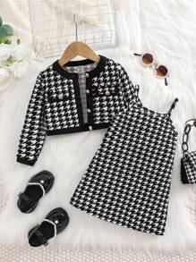 SHEIN 2 件套女婴千鸟格吊带裙和撞色夹克，秋冬款 - 黑與白 - 查看 7