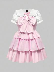 ROMWE Kawaii 大码女式蝴蝶结装饰泡泡袖迷你连衣裙