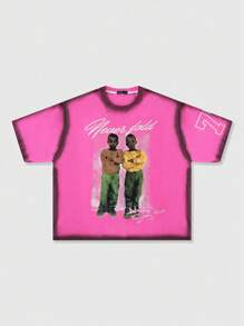 ROMWE MEN Street Life Tricou bărbătesc casual cu grafică portret, lejer, cu umeri căzuți, vară - Roz - Vizualizare 1