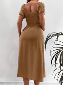 EURMUSE Solid Color High Slit Square Neck Twist Front Casual Short Sleeve Dress - Camel - View 2