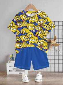 SHEIN Yellow Kids Casual Simple Round Neck Short Sleeve Shorts 2 Pieces Set, Suitable For Summer - Multicolor - View 2