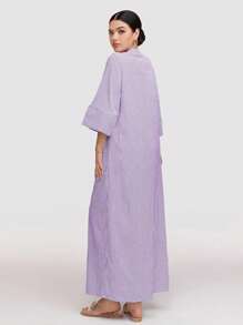 Veilorie 女式条纹纽扣前长休闲连衣裙，春秋季节，端庄的长裙，非常适合海滩/休闲/度假/家居服/返校和日常休闲穿着 - 紫色 - 查看 2