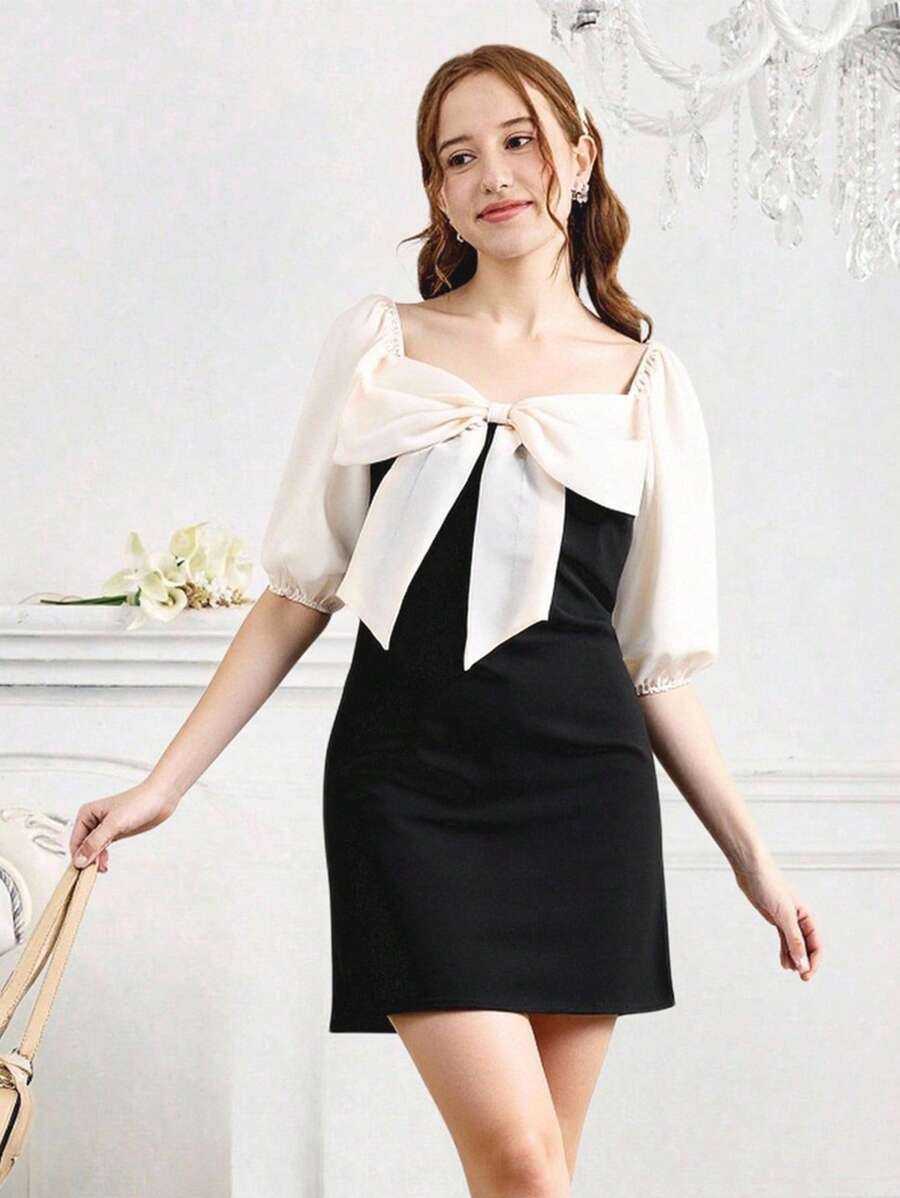 Teen Girls Contrast Color Chiffon Fitted Dress, Square Neck Collar, Bowknot Decor Mini Dress, Back To School Campus Outfit, All Season - Black - View 1