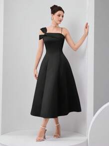 Modelyn Đầm xòe cổ lệch màu thanh lịch cho nữ - màu đen - Xem 3