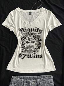 StreetHx Women's Summer V-Neck Tight T-Shirt, Punk Skull & Subculture Anime Print Short Sleeve White V-Neck Top