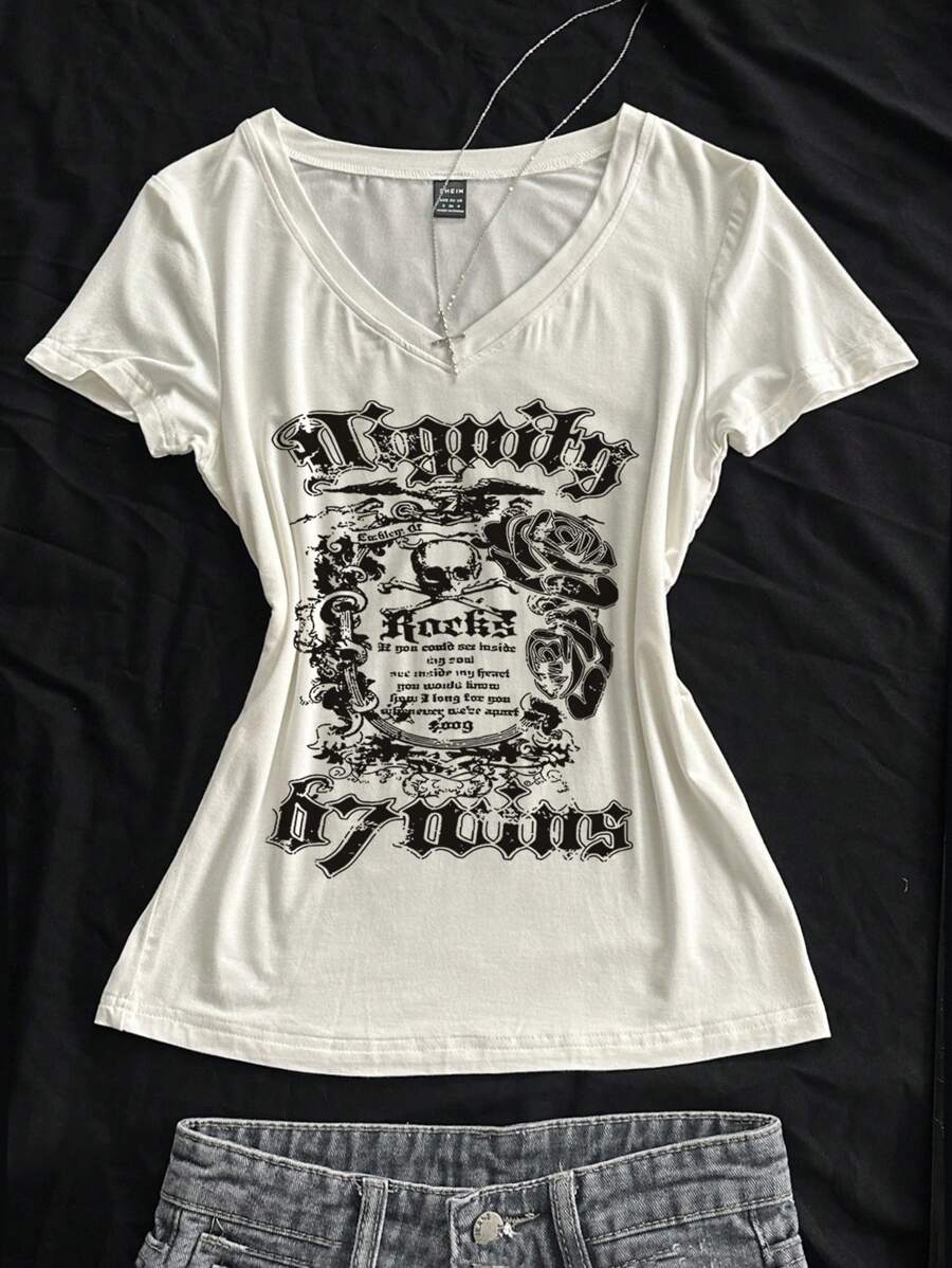 StreetHx Women's Summer V-Neck Tight T-Shirt, Punk Skull & Subculture Anime Print Short Sleeve White V-Neck Top