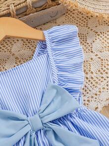 SHEIN Vintaside Kids Baby/Toddler Girl Striped Print Bowknot Front Ruffle Hem Short Sleeve Pink Dress, Casual Versatile Fashion Infant OOTD Dress, Spring/Summer - Blue and White - View 3