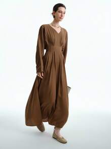 Aalyst Rochie maxi elegantă pentru femei, inspirată din stil vintage, cu talie încrețită și mânecă lungă, ținută sofisticată de birou/casual/petrecere, toamnă/iarnă - Cafea - Vizualizare 5