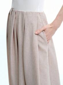 SHEIN LUNE 女士亚麻休闲褶皱阔腿裤，带口袋，浅卡其色，初秋 - 卡其色 - 查看 4
