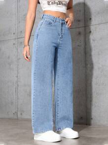 SHEIN PETITE Women's Pocket Button Casual Versatile Commute Loose Fit Denim Wide Leg Pants - Light Wash - View 3