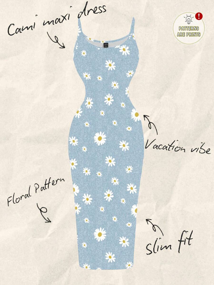 SHEIN EZwear 休闲简约蓝色机械纹理白色雏菊全身印花紧身吊带裙，适合夏季度假 - 彩色 - 查看 1
