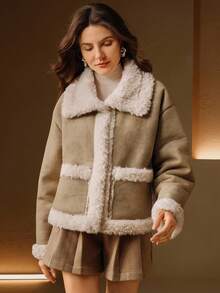 Anewsta 女士时尚仿保暖内衬夹克，秋冬 - 卡其色 - 查看 7