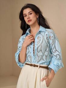 DAZY Áo kiểu nữ tay dài, dáng suông, thêu họa tiết rỗng, cài cúc phía trước, chất liệu vải xuyên thấu. - Màu xanh lam - Xem 9