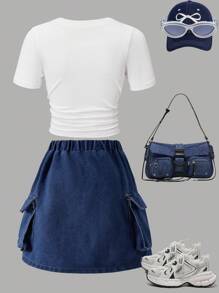 2pcs/Set Girls' Sweet & Cute Bow Decor T-Shirt & Pink Denim Skirt Casual Outfit - Dark Wash - View 2