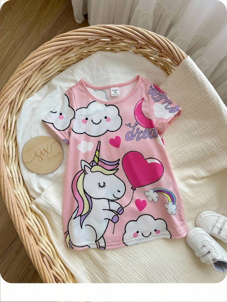 Baby Girl Cute Cartoon Print Short Sleeve Mid-Length Nightgown, Summer - Pink - View 1