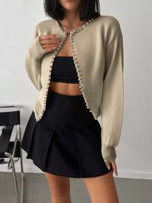 EURMUSE Women's Short Pearl Embellished Cardigan Sweater - Beige - View 5