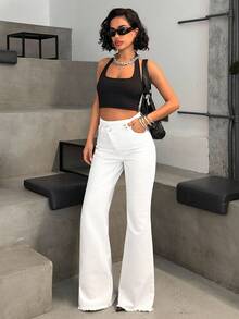 EURMUSE 高腰不对称腰带白色阔腿牛仔裤 - 白色 - 查看 4