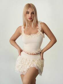 Sweetina Bộ đồ lót ren dệt kim và váy ngắn cho nữ, gợi cảm, quyến rũ, mùa tựu trường - Màu be - Xem 3
