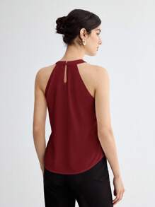 BizChic 女士优雅立领镂空无袖背心，百搭款式，适合浪漫、优雅、商务休闲、办公、教师、婚礼宾客、秋季等场合。 - 酒紅色 - 查看 2