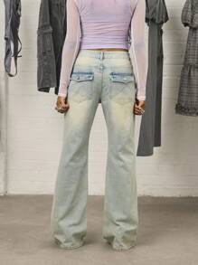 COUREZ 低腰长款喇叭浅色水洗牛仔裤 / Y2K 秋季女装街头复古阔腿裤宽松牛仔裤 - 藍色 - 查看 6