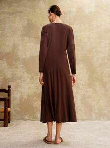 Revavyn Revavyn Women's Elegant Coffee Brown Autumn V-Neck Ruched Metal Button Waist Cinched Long Sleeve Maxi Dress,Urban Chic Brunch Outfits Maillard Style Clothes - Brown - View 4