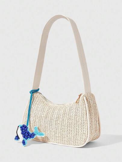 Fairycore 1pc Bohemian Style Beach Bag, Hollow Out Net Tote Bag For Women, Suitable For Vacation, Comes With Hanging Decoration & Tropical Floral Embellishment