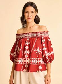 CAJUNI Blus Wanita Modis dengan Motif Geometris, Model Bahu Terbuka, dan Lengan Lentera - Merah - View 3