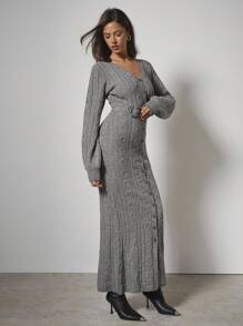 COSMINA Women's Twist Cable Pattern Long Sleeve Single-Breasted Fitted Elegant Knit Dress In Fall/Winter - Apricot - View 5