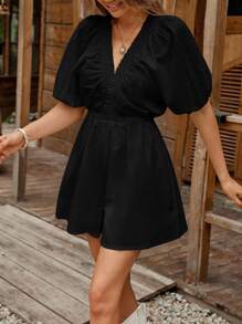 SHEIN LUNE 女式 V 领泡泡袖灯笼袖松紧腰 A 字连体短裤，采用竹纤维棉面料制成，休闲度假优雅装扮黑色棉质连体衣黑色夏季连体衣女式黑色连体衣休闲黑色连体衣棉质连体衣黑色棉质连衣裙休闲黑色连衣裙夏季连衣裙女式黑色度假连衣裙棉质服装女式 - 黑色 - 查看 8
