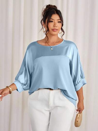 Cravure Plus Size Dusty Blue Summer Blouse, Round Neck 3/4 Sleeve Metallic Fabric Patchwork Pullover Shirt, Smart Casual Work Holiday Batwing Top Fall