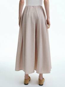 SHEIN LUNE 女士亚麻休闲褶皱阔腿裤，带口袋，浅卡其色，初秋 - 卡其色 - 查看 3
