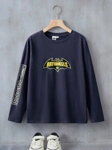 Batwheels X SHEIN Tween Boy Casual Everyday Car Print Round Neck Long Sleeve T-Shirt Boys Graphic Shirt Boys Long Sleeve T Shirt Kids Long Sleeve Tops Boys Cartoon Shirt