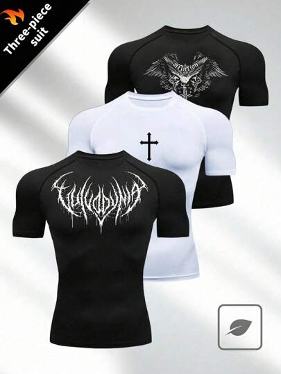 Manfinity Sport Corelite paquete de 3 camisetas deportivas para hombres con estampados gráficos audaces y tela transpirable para ropa activa, camisetas de compresión para hombres, camisetas de gimnasio, paquete de camisetas de entrenamiento para hombres, camiseta de compresión de Halloween para hombres